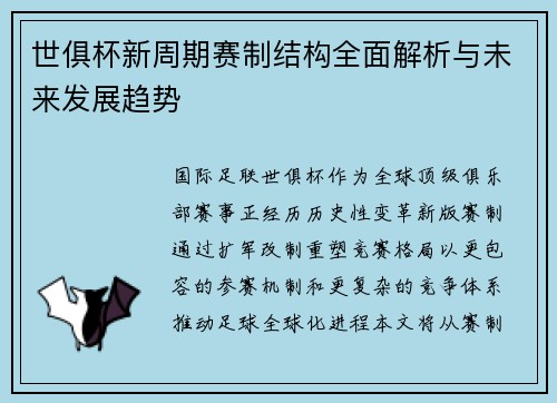 世俱杯新周期赛制结构全面解析与未来发展趋势